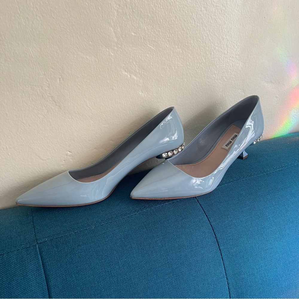 NEW Miu Miu patent leather crystal embellished heels - Picture 11 of 12